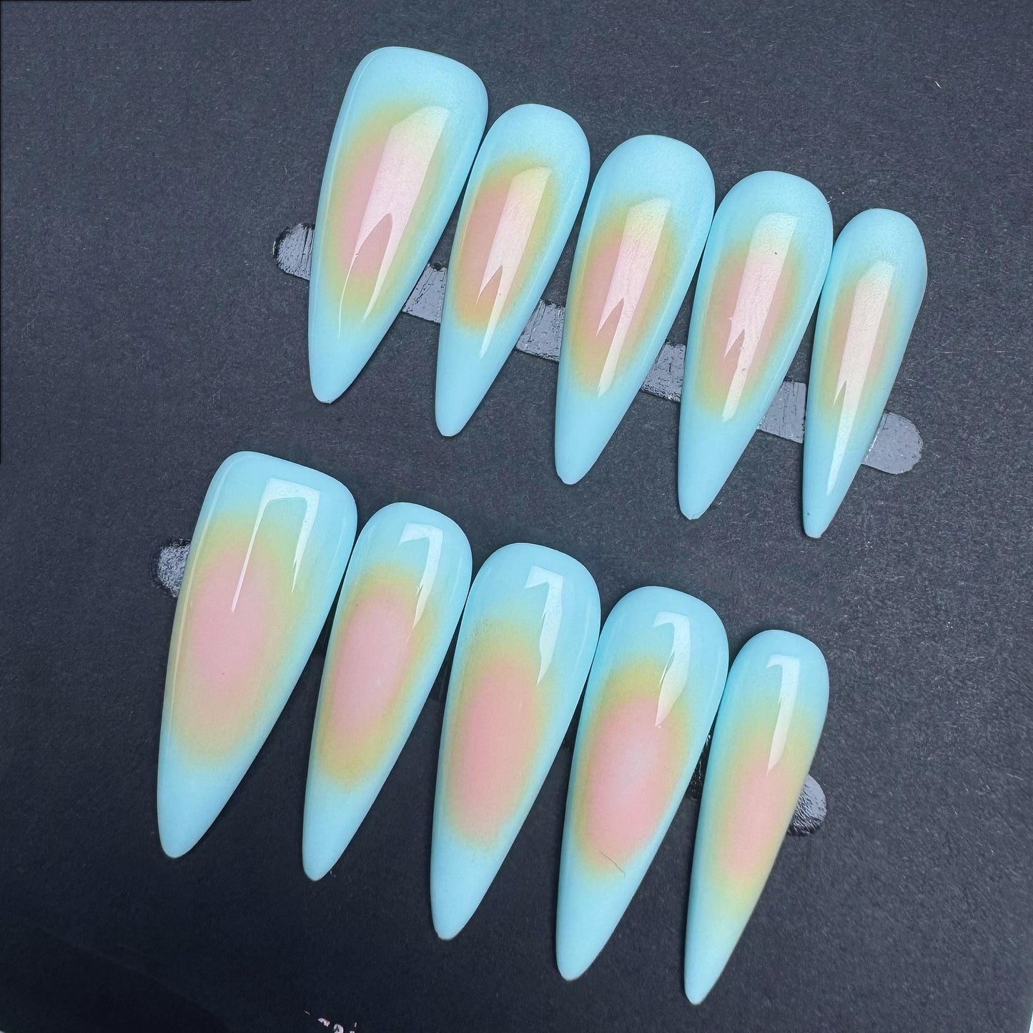 Pastel Sunset Aura Nails in Almond Shape – Dreamy Gradient Press-Ons. Artificial reusable fake glue on faux manicure nails trendy art.
