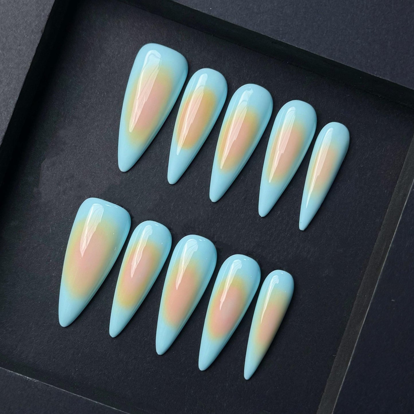 Pastel Sunset Aura Nails in Almond Shape – Dreamy Gradient Press-Ons. Artificial reusable fake glue on faux manicure nails trendy art.