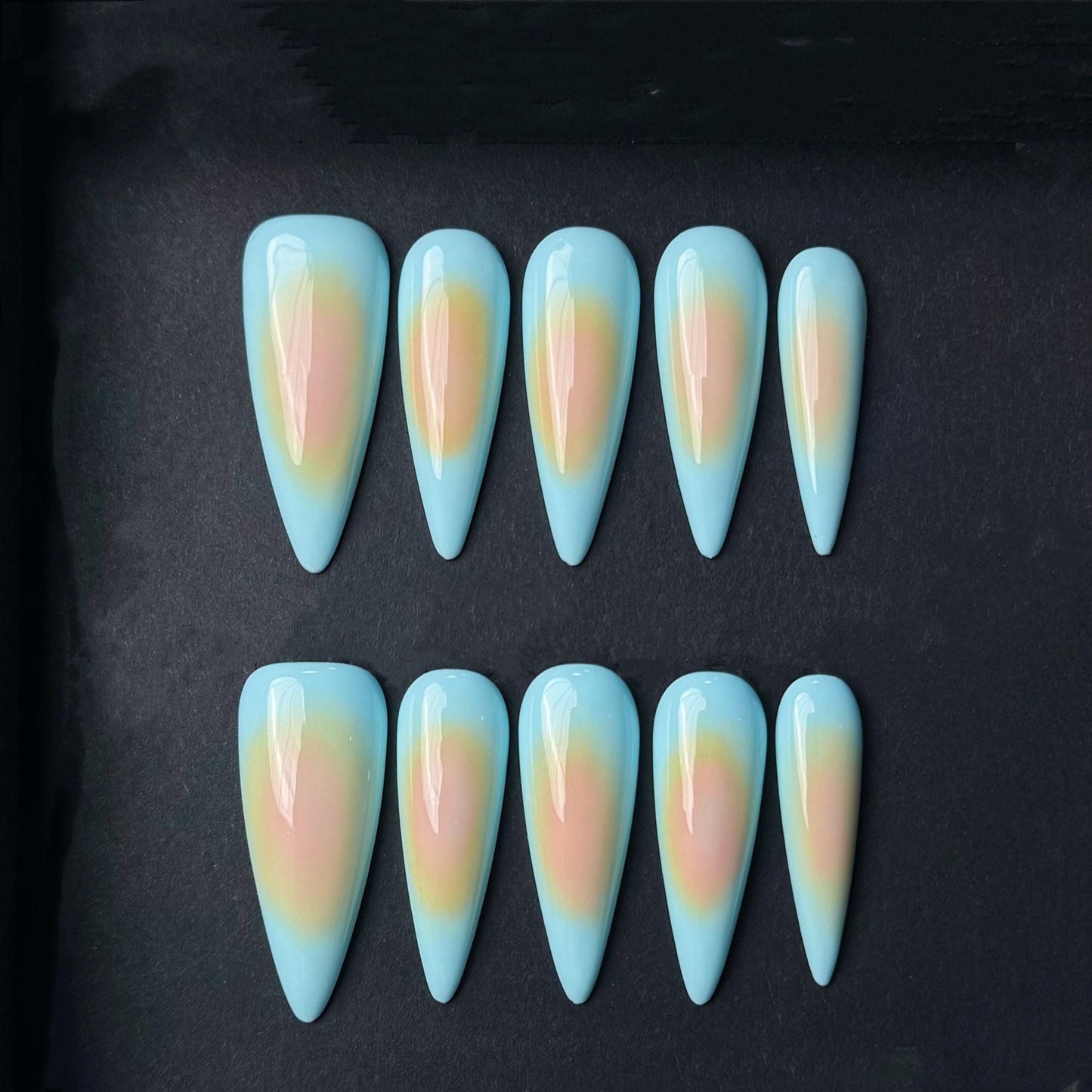 Pastel Sunset Aura Nails in Almond Shape – Dreamy Gradient Press-Ons. Artificial reusable fake glue on faux manicure nails trendy art.
