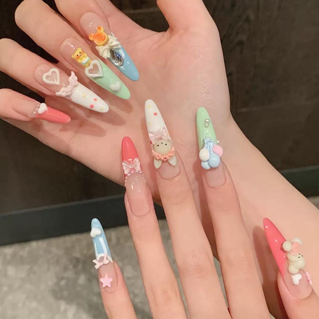 Kawaii 3D Press On Nails Pastel Bear Bunny Balloon Cute Long Nails Handmade Pink Blue Green Cartoon Nail Art Fairy core False Nails