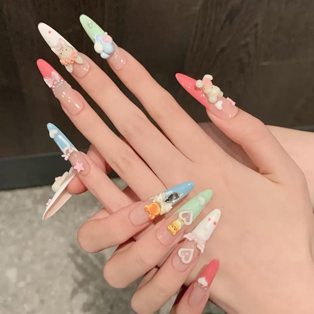 Kawaii 3D Press On Nails Pastel Bear Bunny Balloon Cute Long Nails Handmade Pink Blue Green Cartoon Nail Art Fairy core False Nails