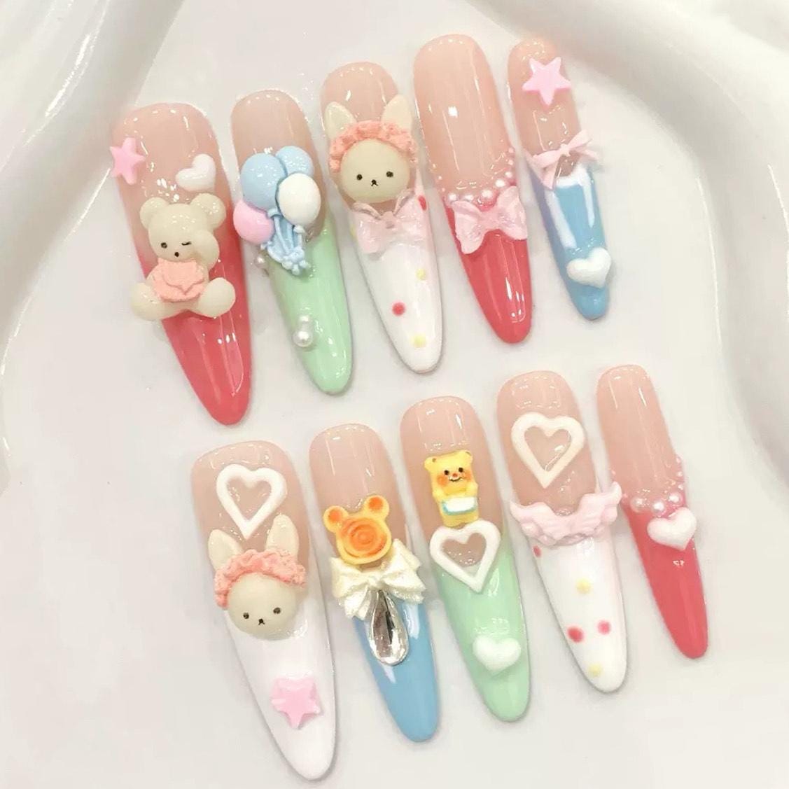 Kawaii 3D Press On Nails Pastel Bear Bunny Balloon Cute Long Nails Handmade Pink Blue Green Cartoon Nail Art Fairy core False Nails