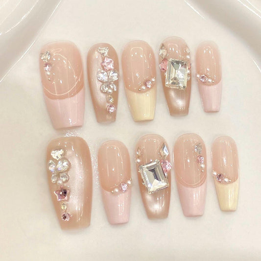 Elegant Nude Pink Rhinestone Press-On Nails – Square Glossy French Tips with Gem Accents. Artificial reusable glue on faux nails trendy art.