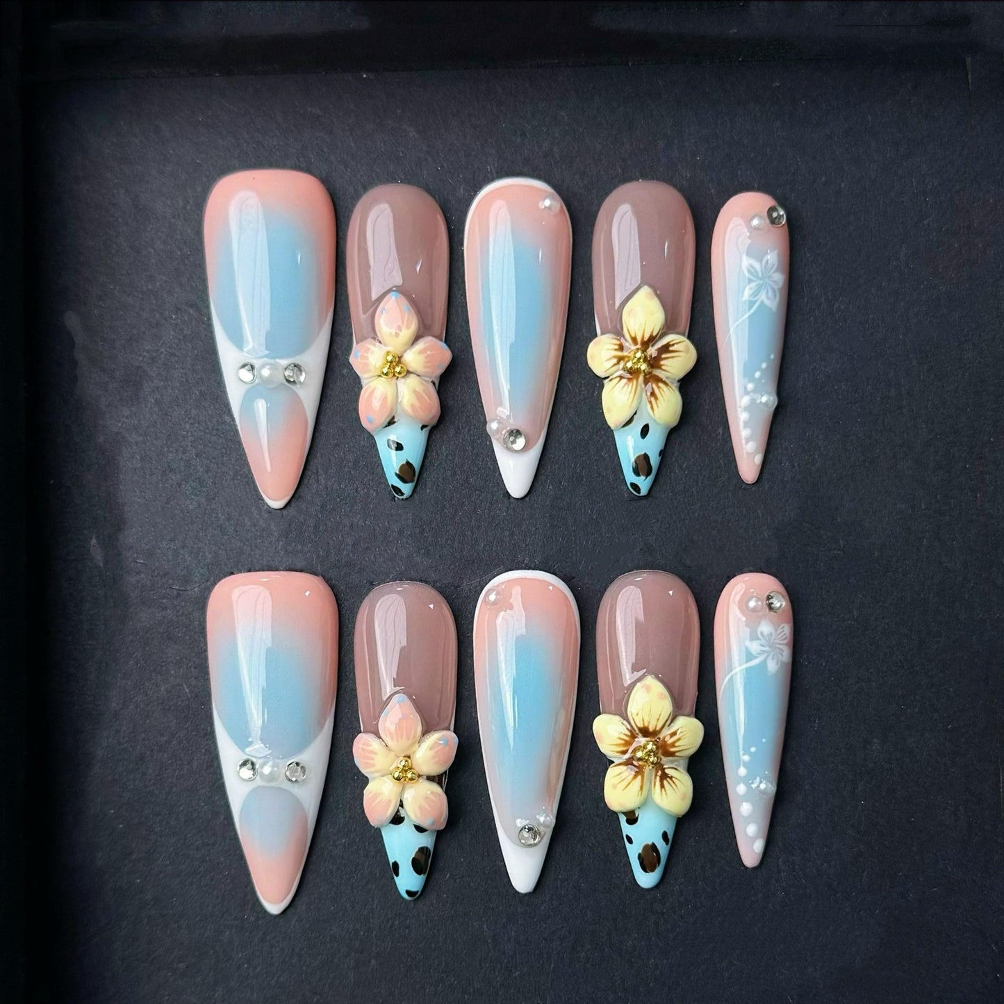 Sunset Blue Ombré Press-On Nails with 3D Blossoms and Animal Print Tips. Artificial reusable fake glue on faux manicure nails trendy art.