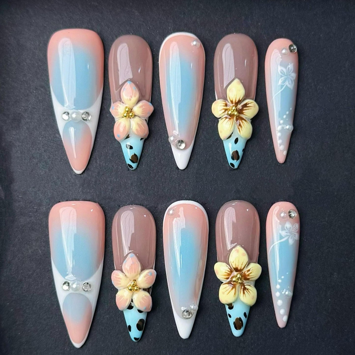 Sunset Blue Ombré Press-On Nails with 3D Blossoms and Animal Print Tips. Artificial reusable fake glue on faux manicure nails trendy art.