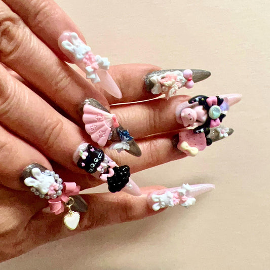 Kawaii 3D Bunny Doll Anime Press-On Nails with Charms. Artificial reusable fake glue on faux manicure nails trendy art.