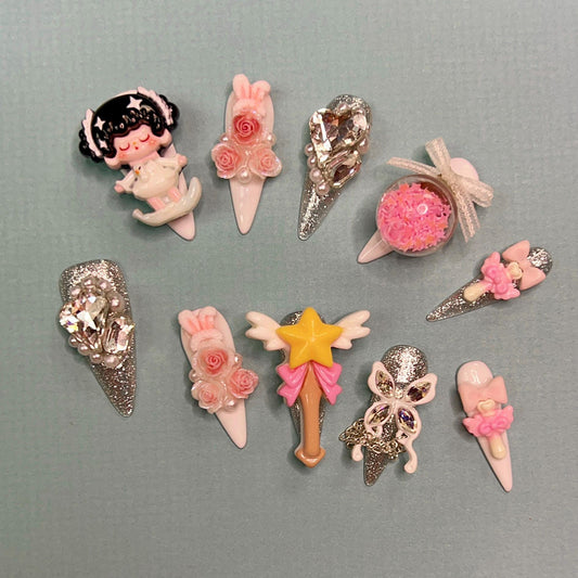Kawaii Magical Girl Press On Nails Glitter Pink 3D Handmade Nail Art with Wand Bunny Roses Doll Wings Star Cute False Nails Set