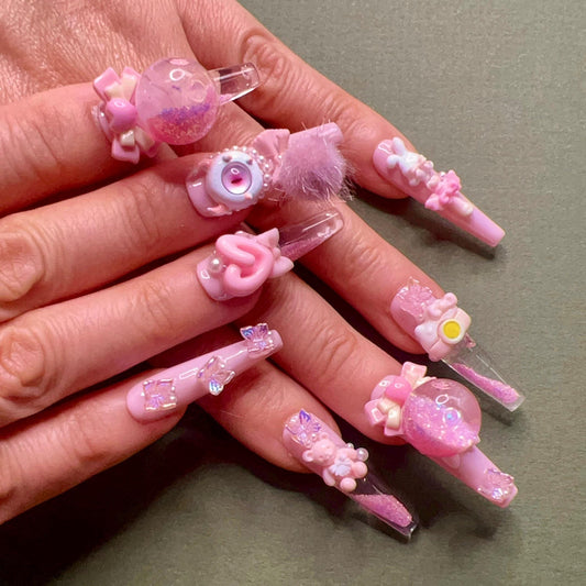 Kawaii 3D Toy Press On Nails Pink Cartoon Handmade Nails Cute Bear Bunny Donut Doll Design Glitter False Nails With Camera and Pom Charm