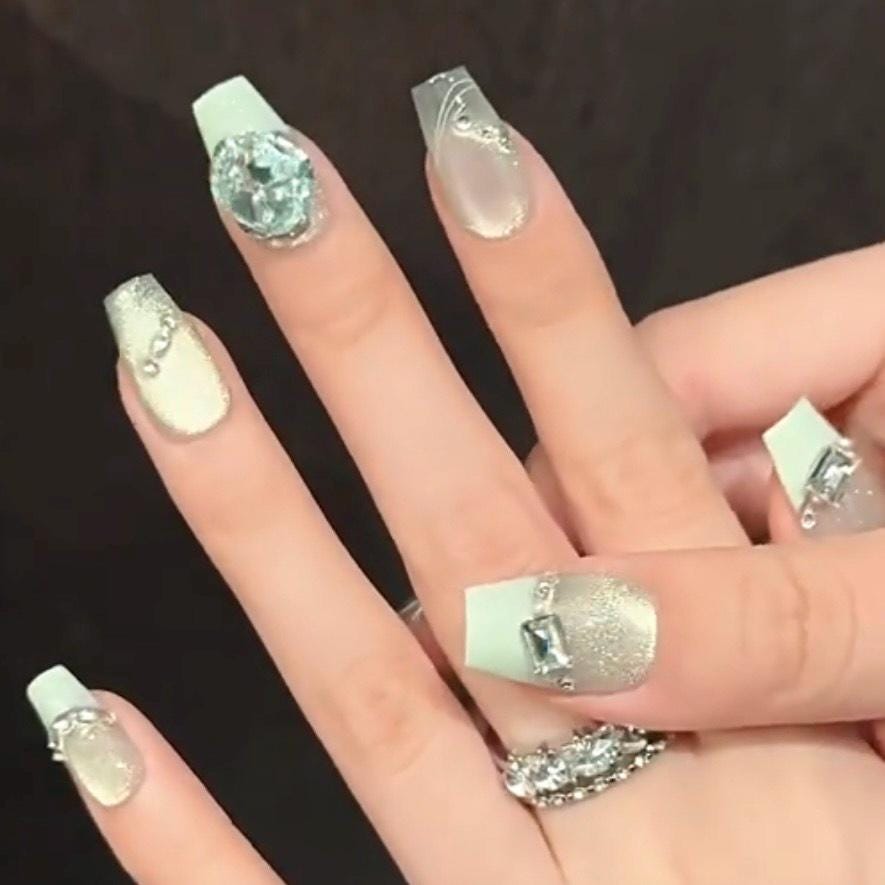 Mint Green Glitter Press On Nails with Crystals – Elegant Shimmer Square Nails with Rhinestones and Pearls. Artificial reusable trendy art.