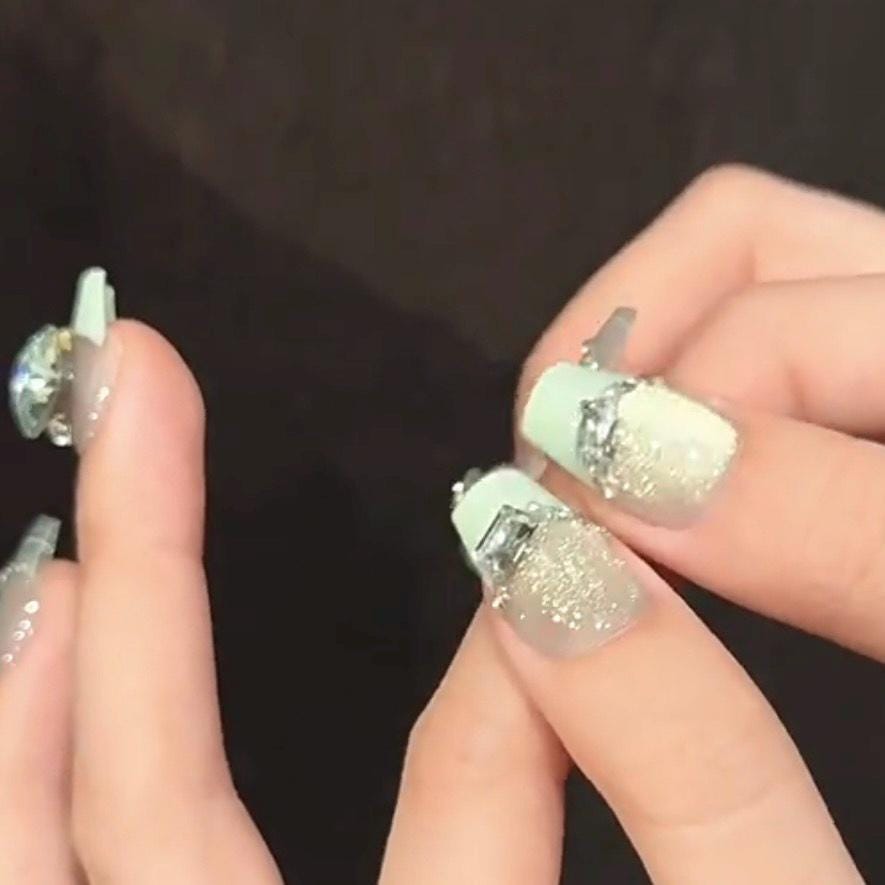 Mint Green Glitter Press On Nails with Crystals – Elegant Shimmer Square Nails with Rhinestones and Pearls. Artificial reusable trendy art.