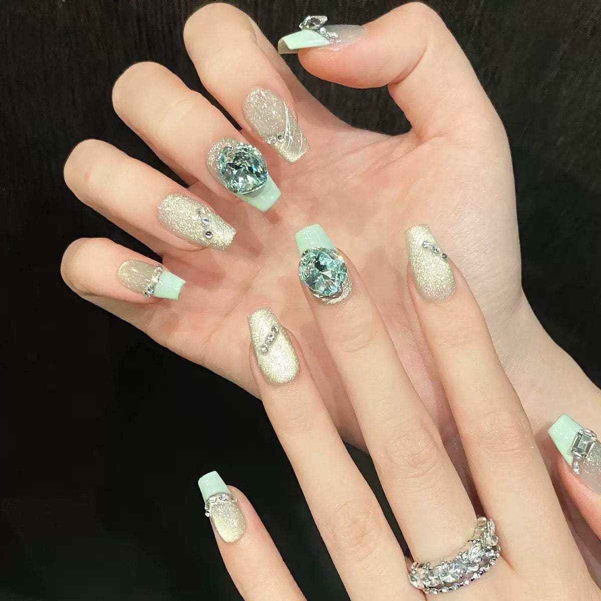 Mint Green Glitter Press On Nails with Crystals – Elegant Shimmer Square Nails with Rhinestones and Pearls. Artificial reusable trendy art.