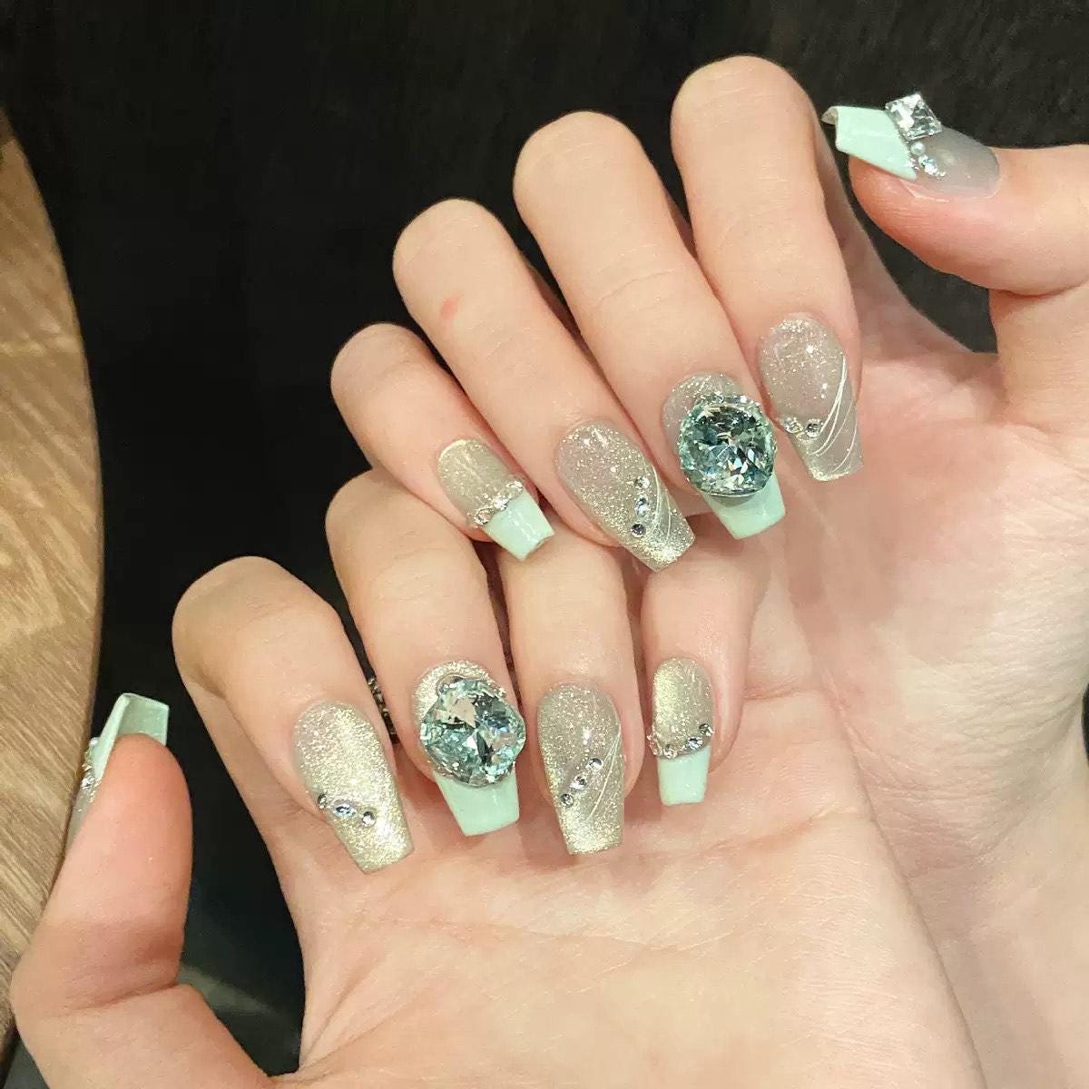 Mint Green Glitter Press On Nails with Crystals – Elegant Shimmer Square Nails with Rhinestones and Pearls. Artificial reusable trendy art.