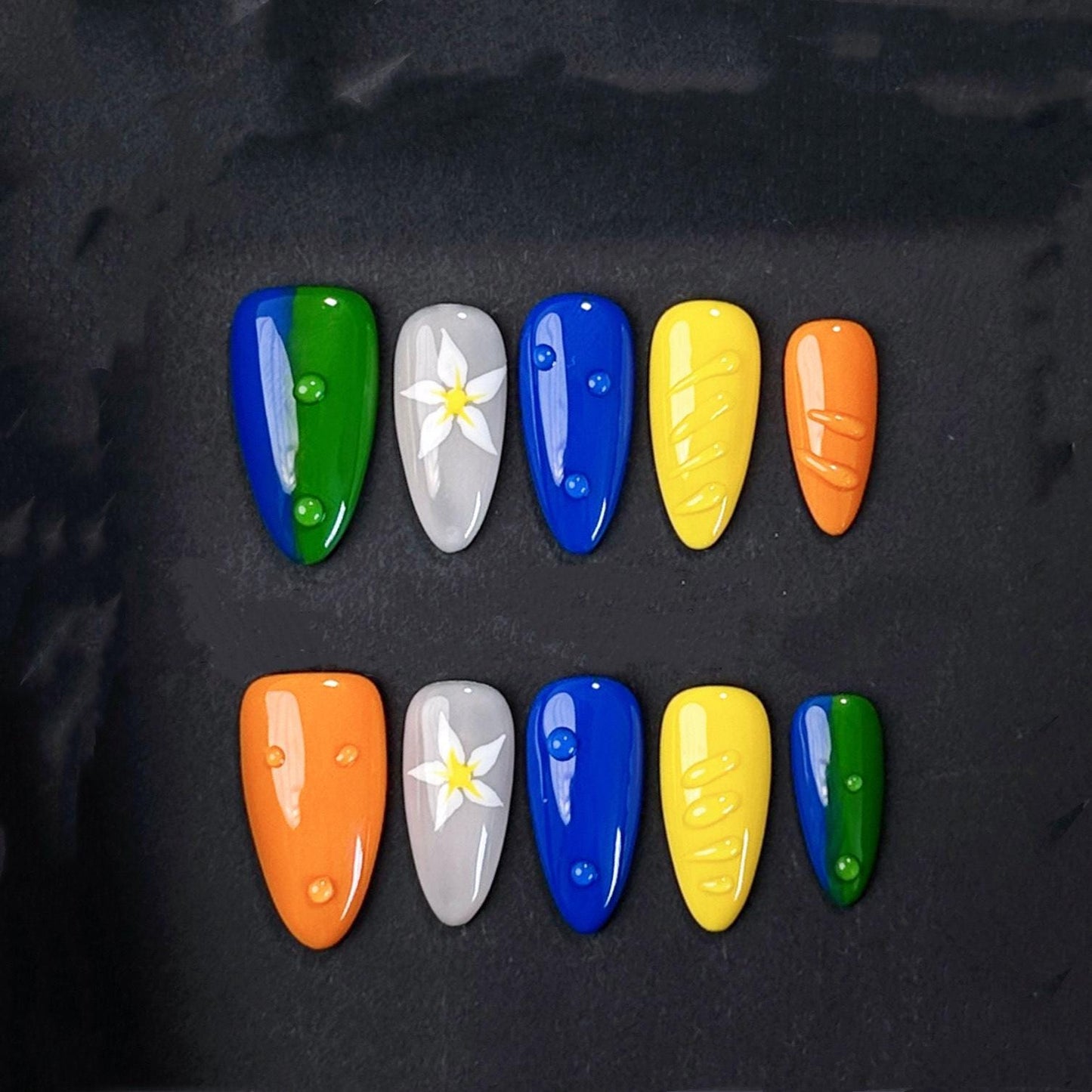 Tropical Rainbow Press On Nails – Bright Summer Floral Fake Nails with Glossy Finish. Artificial reusable faux manicure nails trendy art.