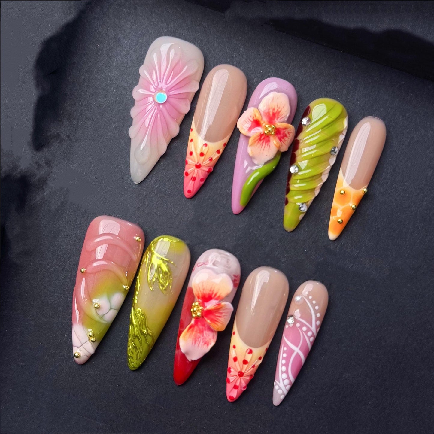 Vibrant Tropical Floral Press-On Nails with 3D Details and Gem Accents. Artificial reusable fake glue on faux manicure nails trendy art.