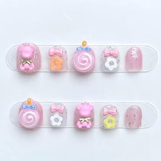 Pink Candy Bear Press On Nails for Kids with 3D Lollipop Flowers Bows and Glitter Accents. Artificial  faux manicure nails trendy art.