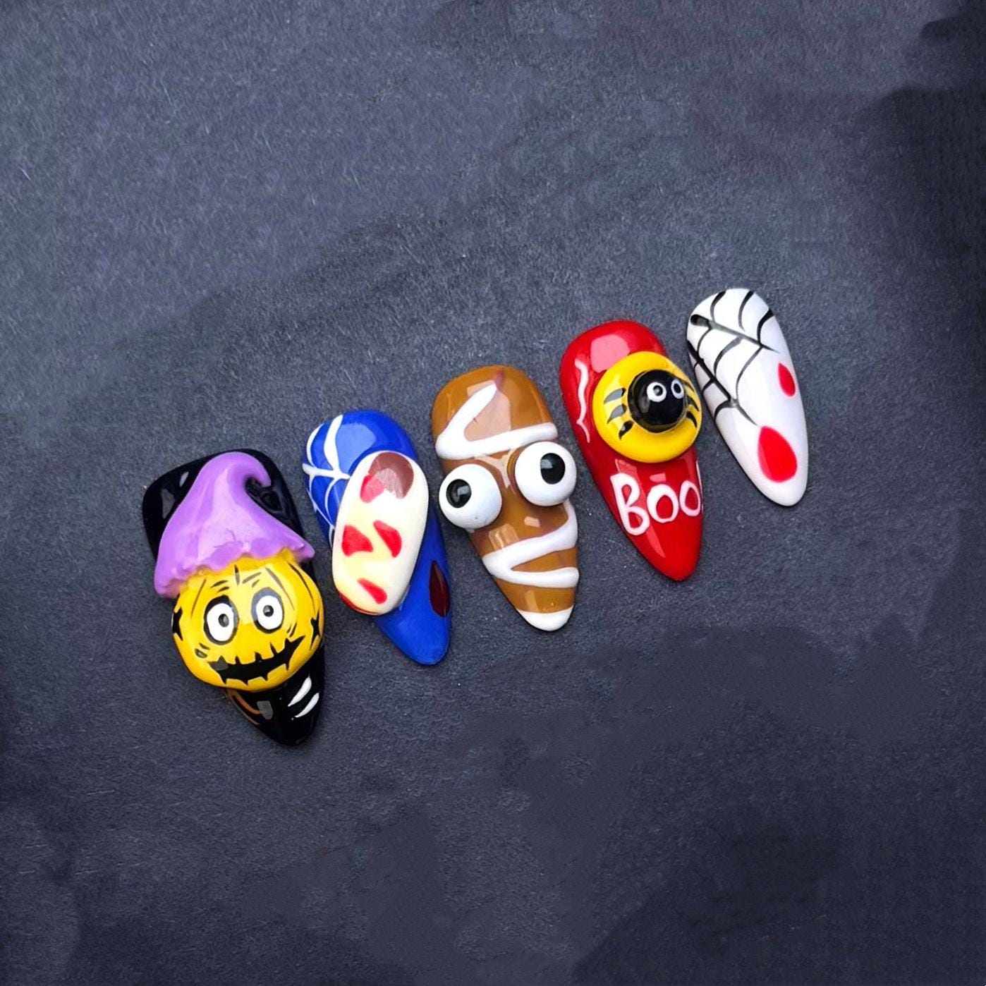 3D Halloween Press On Nails with Pumpkin Spider Ghost Mummy Web and Boo Design Handmade Spooky Cute Nail Art Set for Trick or Treat