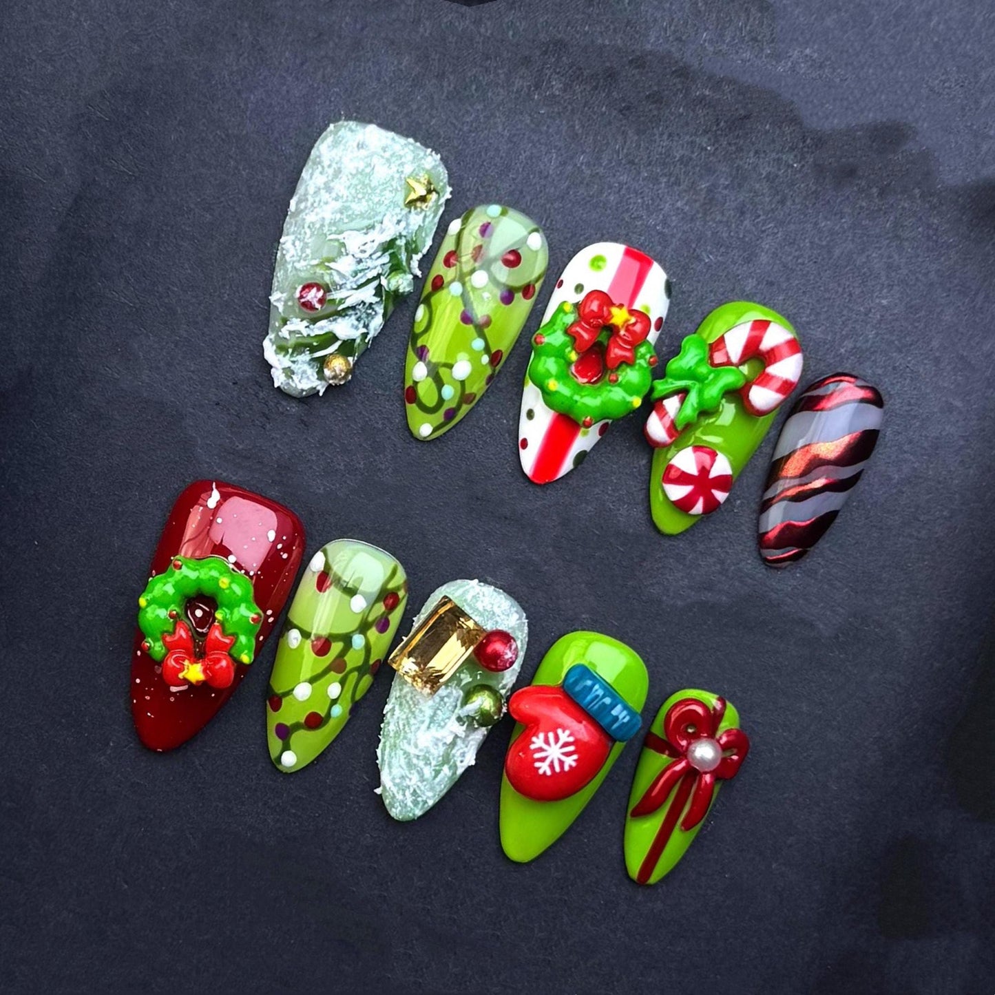3D Christmas Press On Nails with Wreath Candy Cane Mittens Gift Box Snow and Bow Holiday Nail Art Handmade Green Red Winter Nail Set