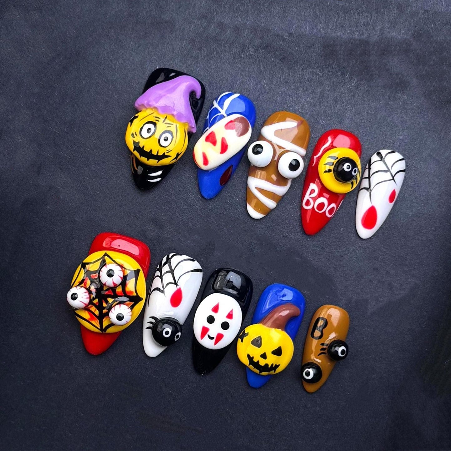 3D Halloween Press On Nails with Pumpkin Spider Ghost Mummy Web and Boo Design Handmade Spooky Cute Nail Art Set for Trick or Treat