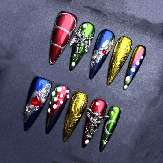 Fantasy Chrome Press On Nails with Dragon Angel Galaxy Pearl Design Handmade Metallic Multicolor Long Nail Art Set Cosplay Witch core