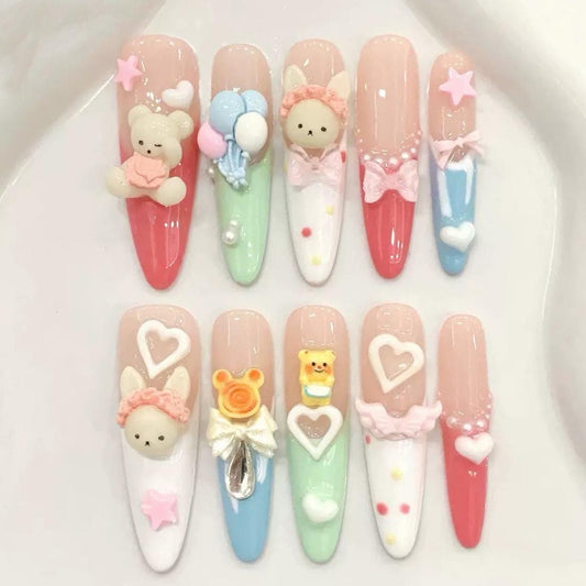 Kawaii 3D Press On Nails Pastel Bear Bunny Balloon Cute Long Nails Handmade Pink Blue Green Cartoon Nail Art Fairy core False Nails