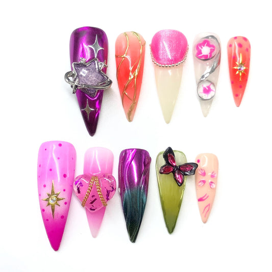 Galaxy Fantasy Press On Nails with Star Heart Butterfly Chrome and Floral Art Mixed Design Handmade Long Stiletto Colorful Nail Set