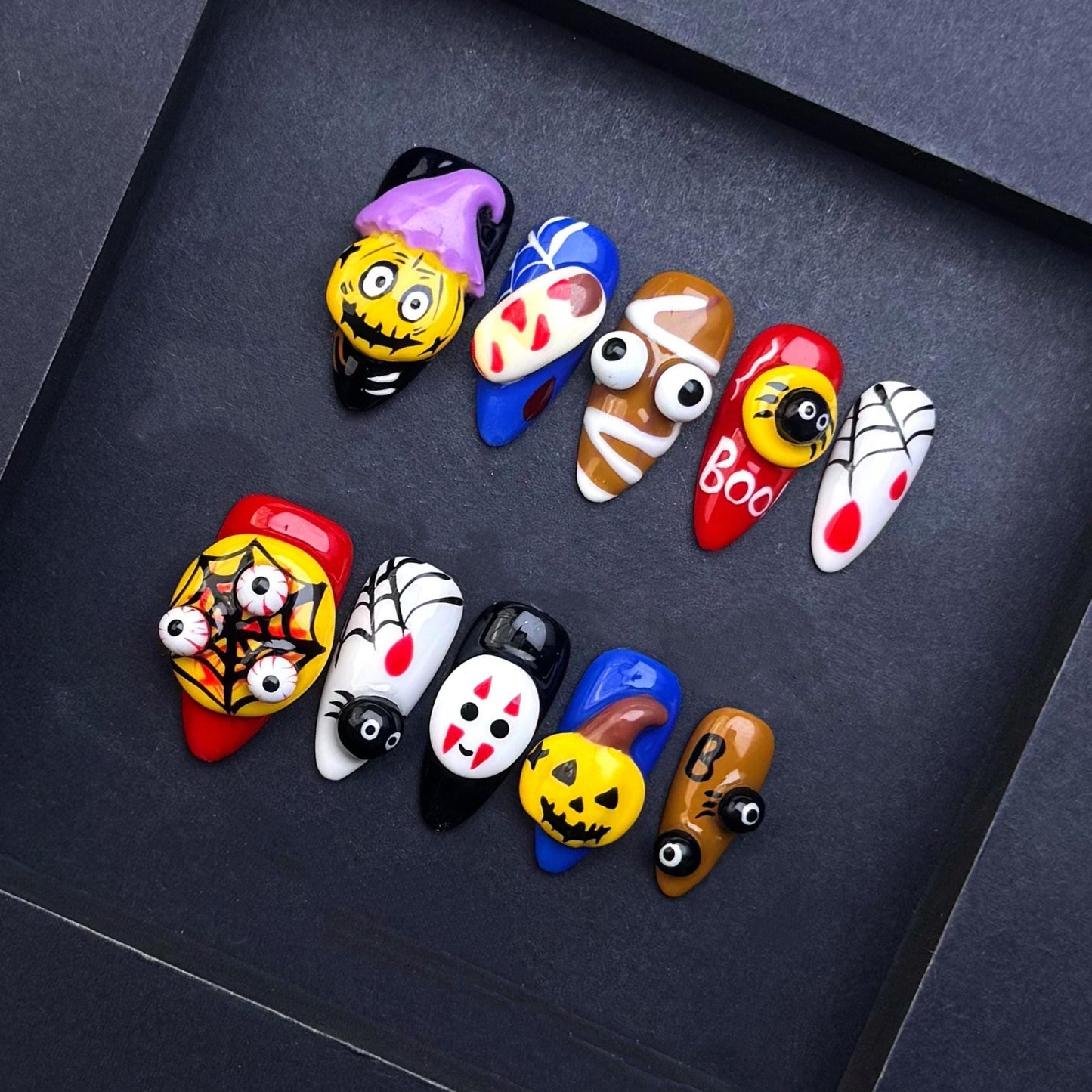 3D Halloween Press On Nails with Pumpkin Spider Ghost Mummy Web and Boo Design Handmade Spooky Cute Nail Art Set for Trick or Treat