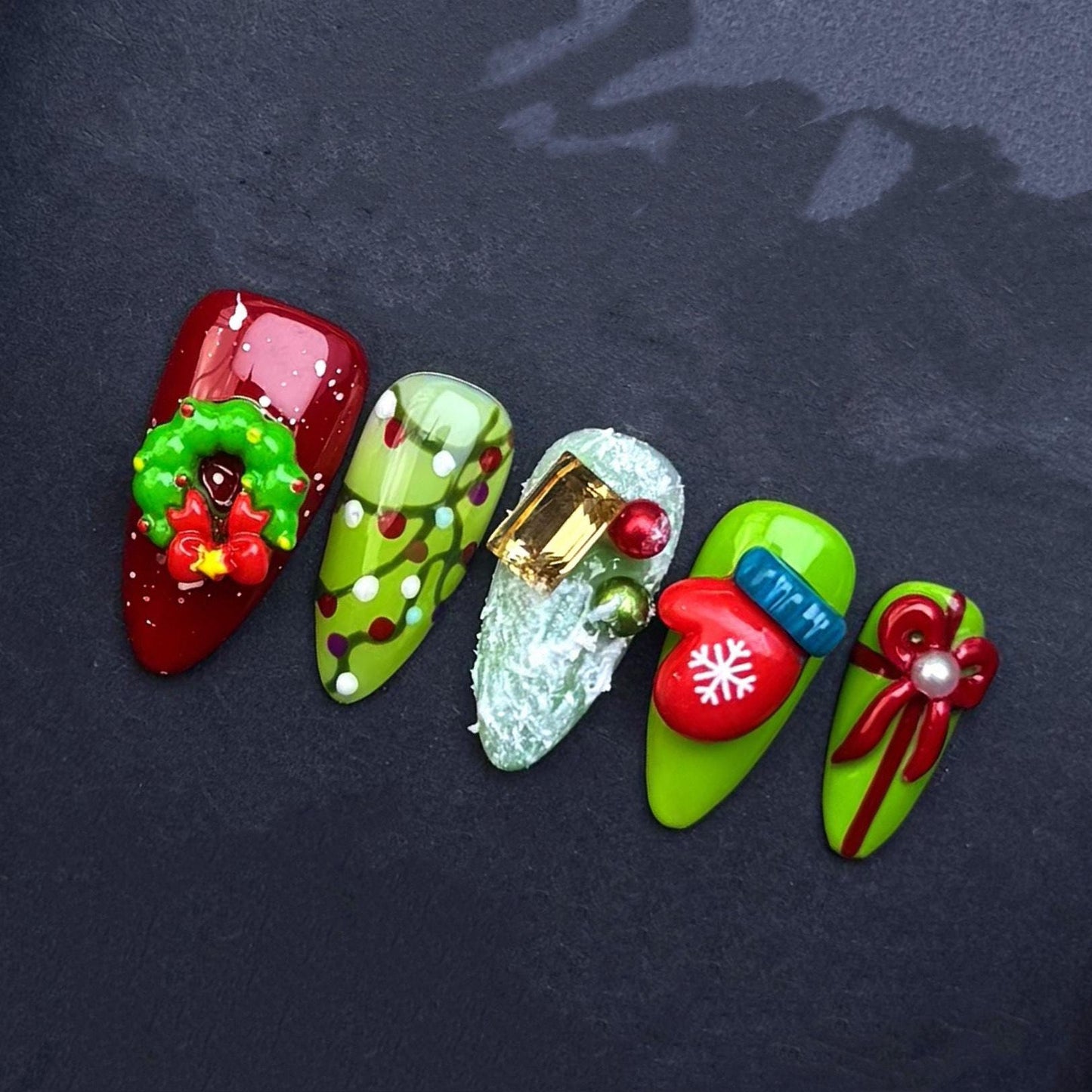 3D Christmas Press On Nails with Wreath Candy Cane Mittens Gift Box Snow and Bow Holiday Nail Art Handmade Green Red Winter Nail Set