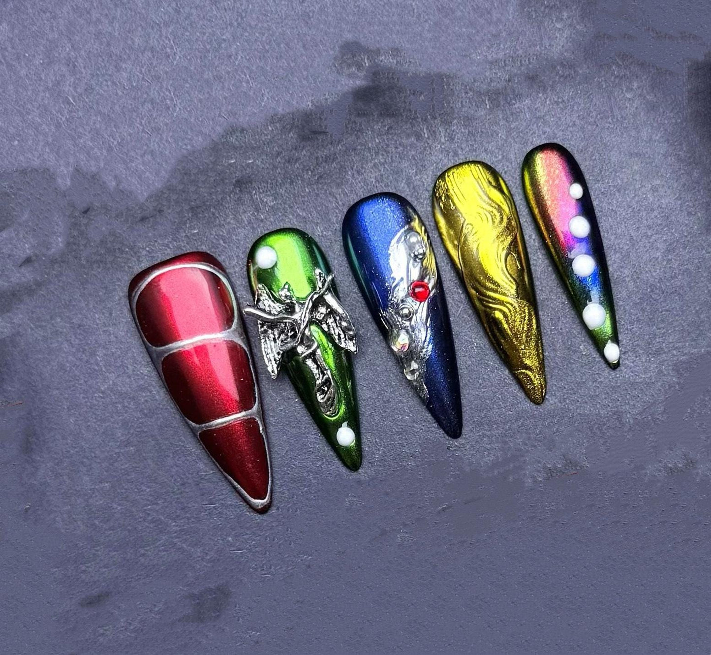 Fantasy Chrome Press On Nails with Dragon Angel Galaxy Pearl Design Handmade Metallic Multicolor Long Nail Art Set Cosplay Witch core