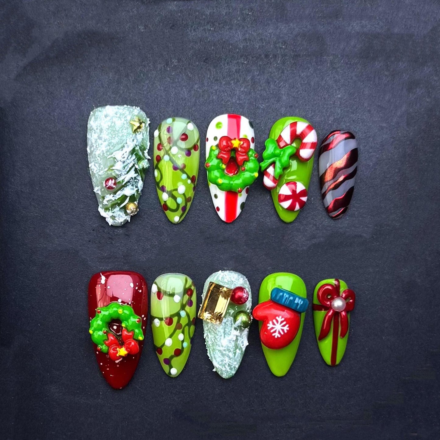 3D Christmas Press On Nails with Wreath Candy Cane Mittens Gift Box Snow and Bow Holiday Nail Art Handmade Green Red Winter Nail Set