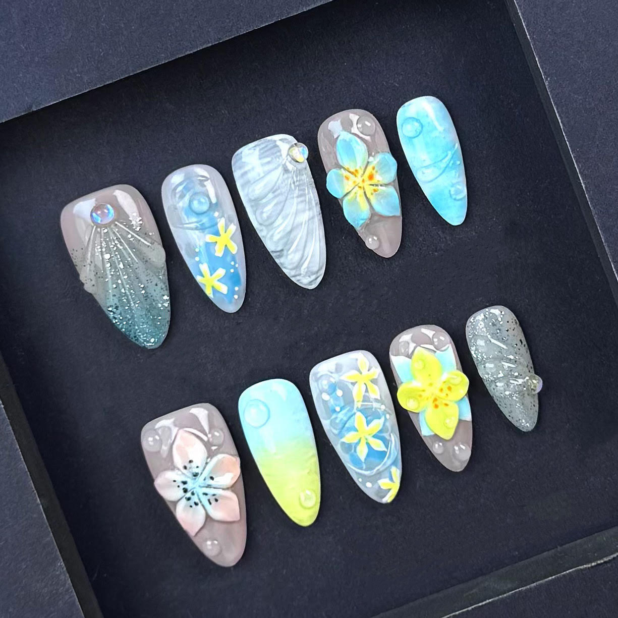 N003 Tropical Ocean Breeze Press On Nails with 3D Flowers and Sea-Inspired Designs – Beach Vacation Nail Set