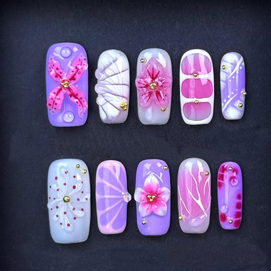 Lavender Pink Floral Press On Nails with 3D Flower Designs Cute Handmade Short Square Nails Spring Summer Nail Art Set Reusable Tips