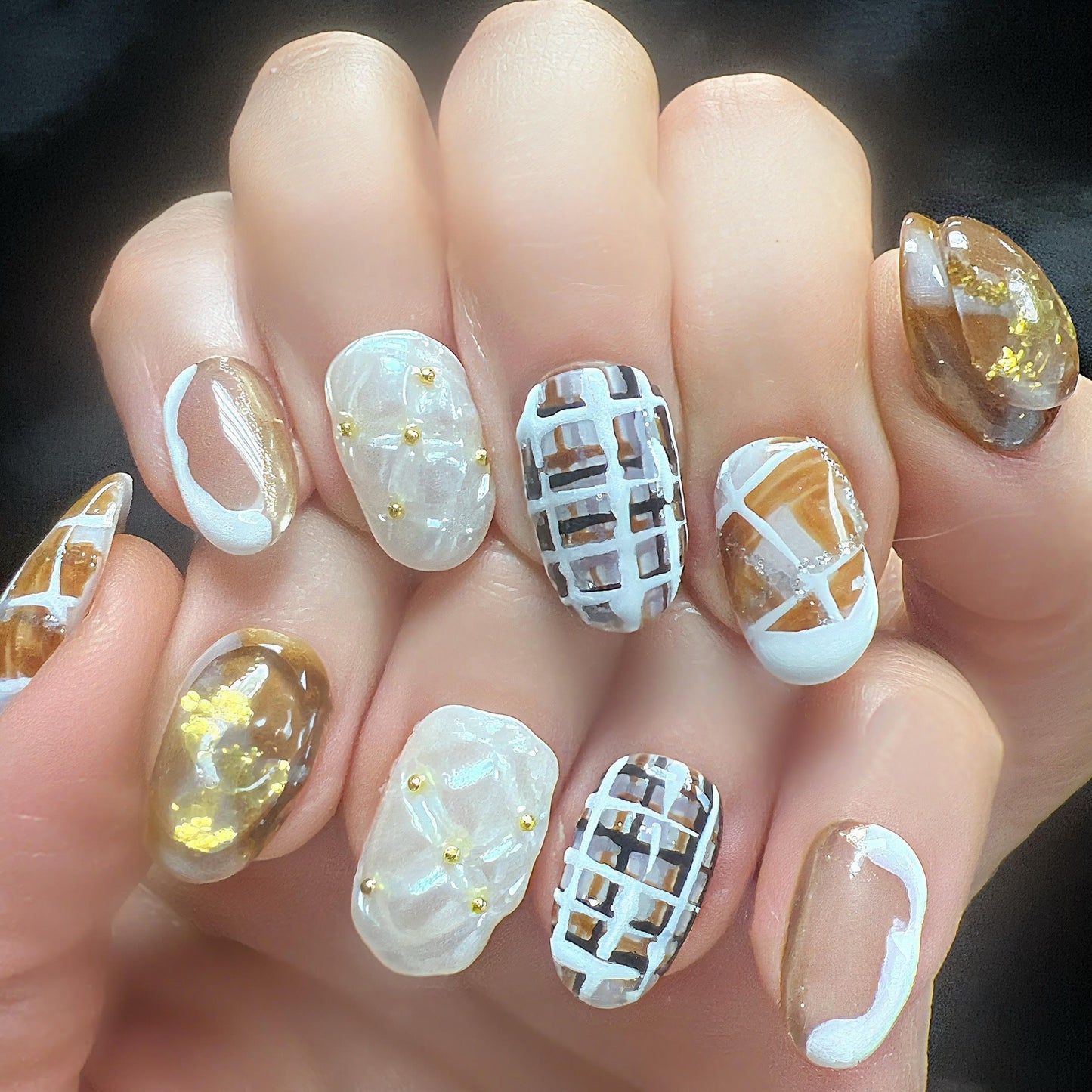 🤎 Caramel Plaid Elegance Press-On Nails | Brown Gold Gel Design | Cozy Fall Nail Art by Clawsdecor