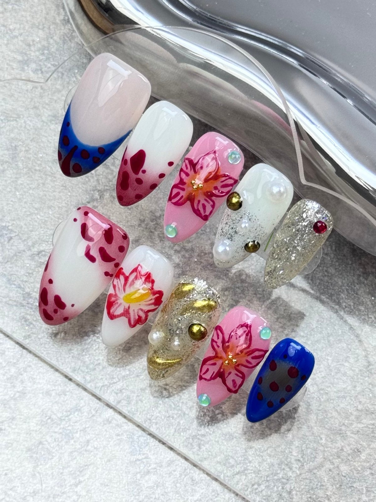 RoyalRoyal Blue Lily Press-On Nails | Pink Floral Silver Glitter Almond False Nails | Luxury Glam Manicure