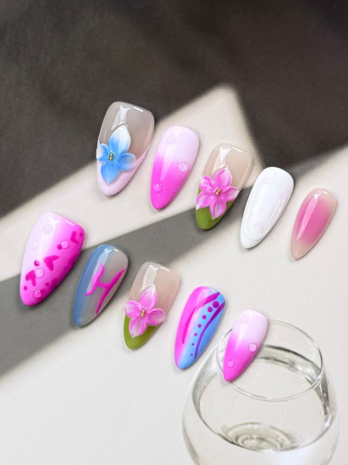 Pink & Blue Blossom Press-On Nails | Floral Pink Ombre Almond False Nails | Barbie-Inspired Spring Manicure