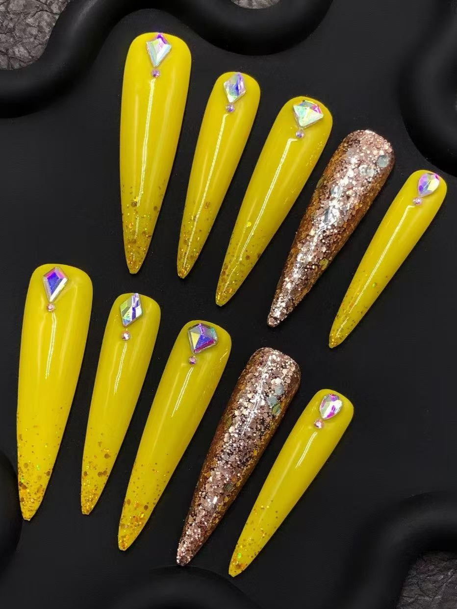 Yellow Glitter Stiletto Press On Nails with Rhinestones Long Gold Sparkle False Nails Handmade Glam Nail Art Summer Party Nail Set