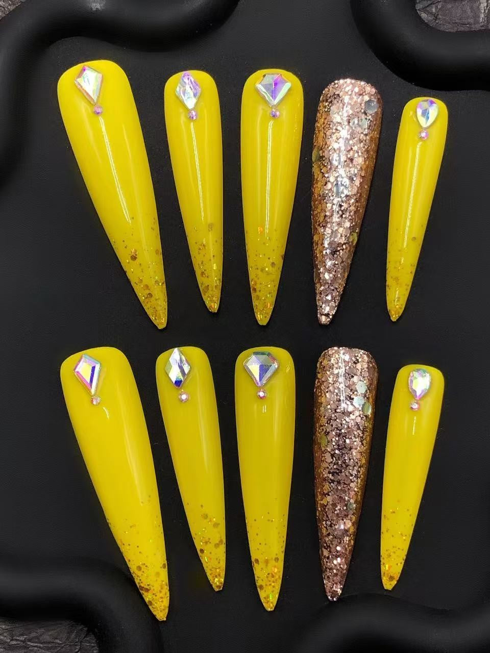 Yellow Glitter Stiletto Press On Nails with Rhinestones Long Gold Sparkle False Nails Handmade Glam Nail Art Summer Party Nail Set
