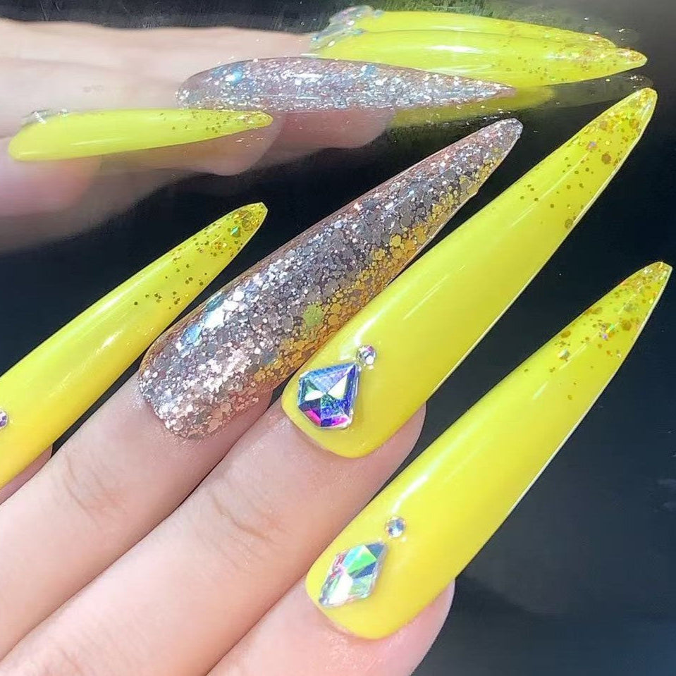 Yellow Glitter Stiletto Press On Nails with Rhinestones Long Gold Sparkle False Nails Handmade Glam Nail Art Summer Party Nail Set