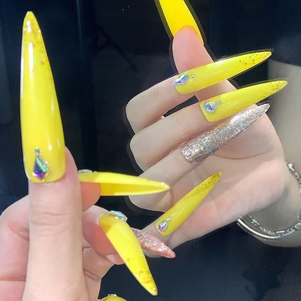 Yellow Glitter Stiletto Press On Nails with Rhinestones Long Gold Sparkle False Nails Handmade Glam Nail Art Summer Party Nail Set