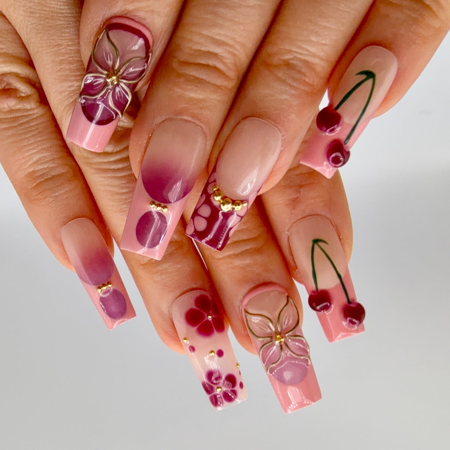 Cherry Blossom Pink & Burgundy 3D Press-On Nails | Floral Cherry Nails