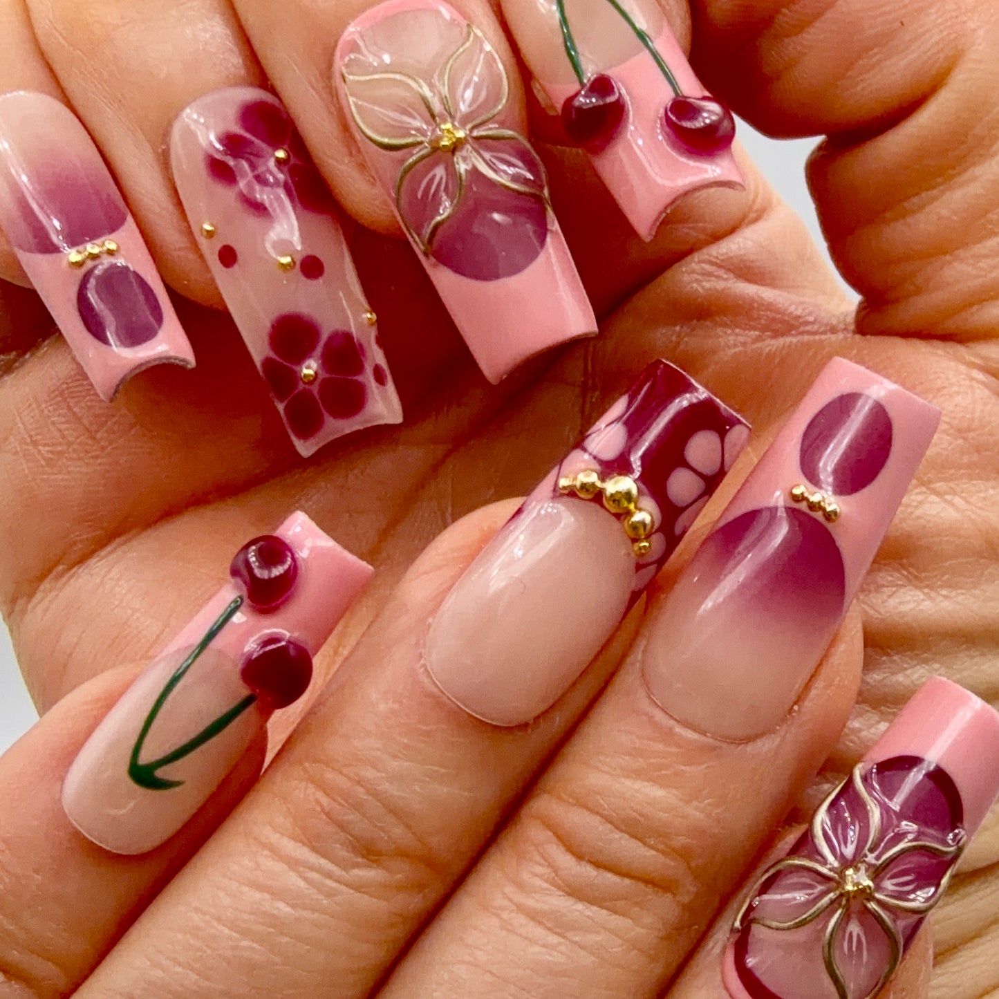 Cherry Blossom Pink & Burgundy 3D Press-On Nails | Floral Cherry Nails