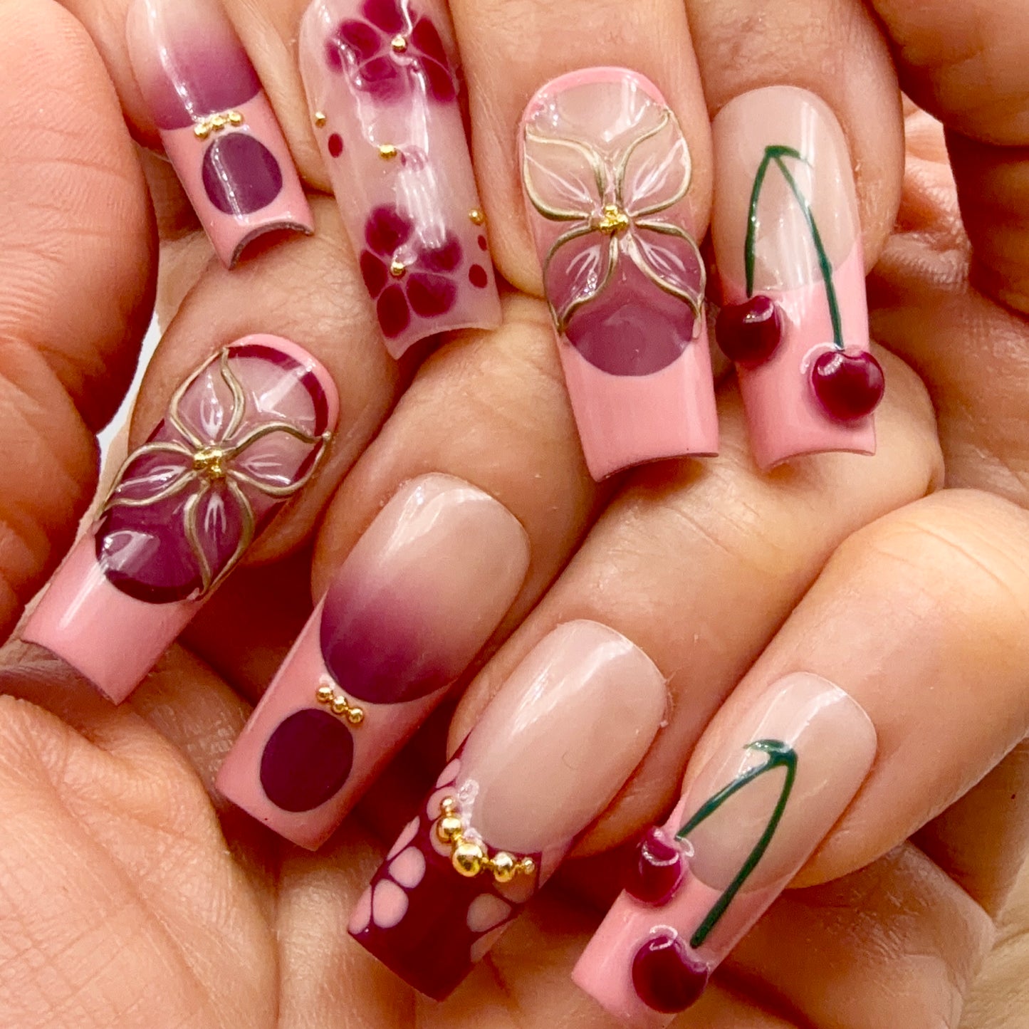 Cherry Blossom Pink & Burgundy 3D Press-On Nails | Floral Cherry Nails