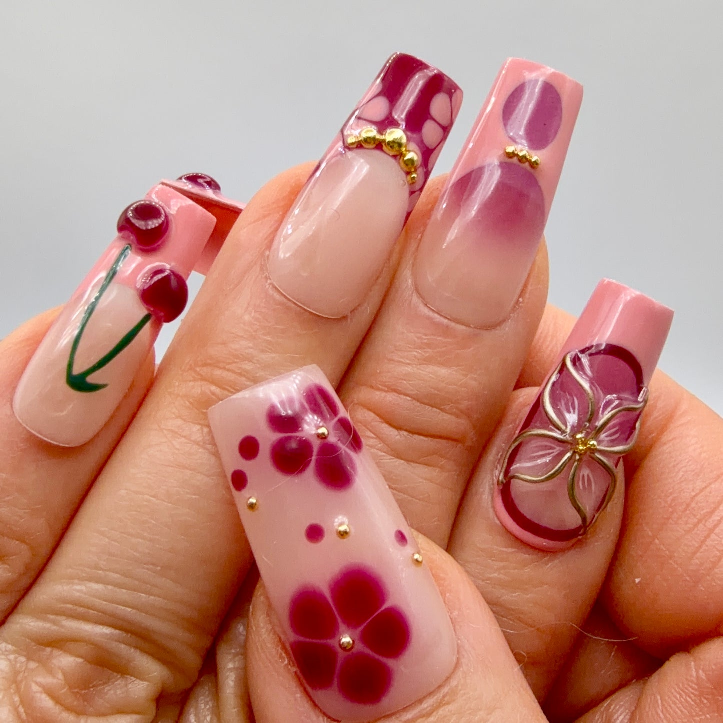 Cherry Blossom Pink & Burgundy 3D Press-On Nails | Floral Cherry Nails