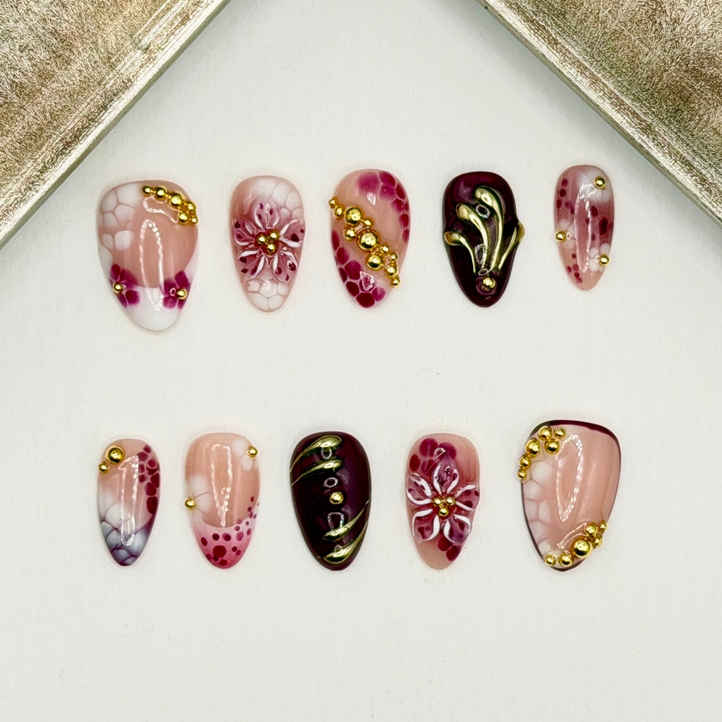 Berry Blossom Burgundy & Pink 3D Floral Press-On Nails
