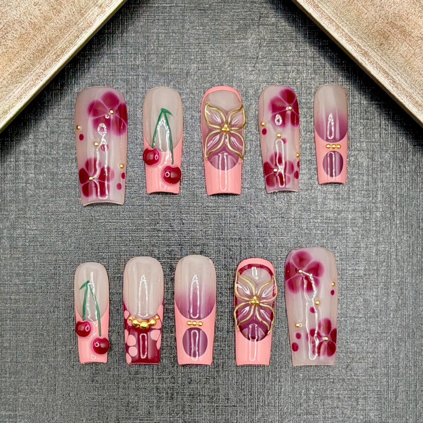 Cherry Blossom Pink & Burgundy 3D Press-On Nails | Floral Cherry Nails