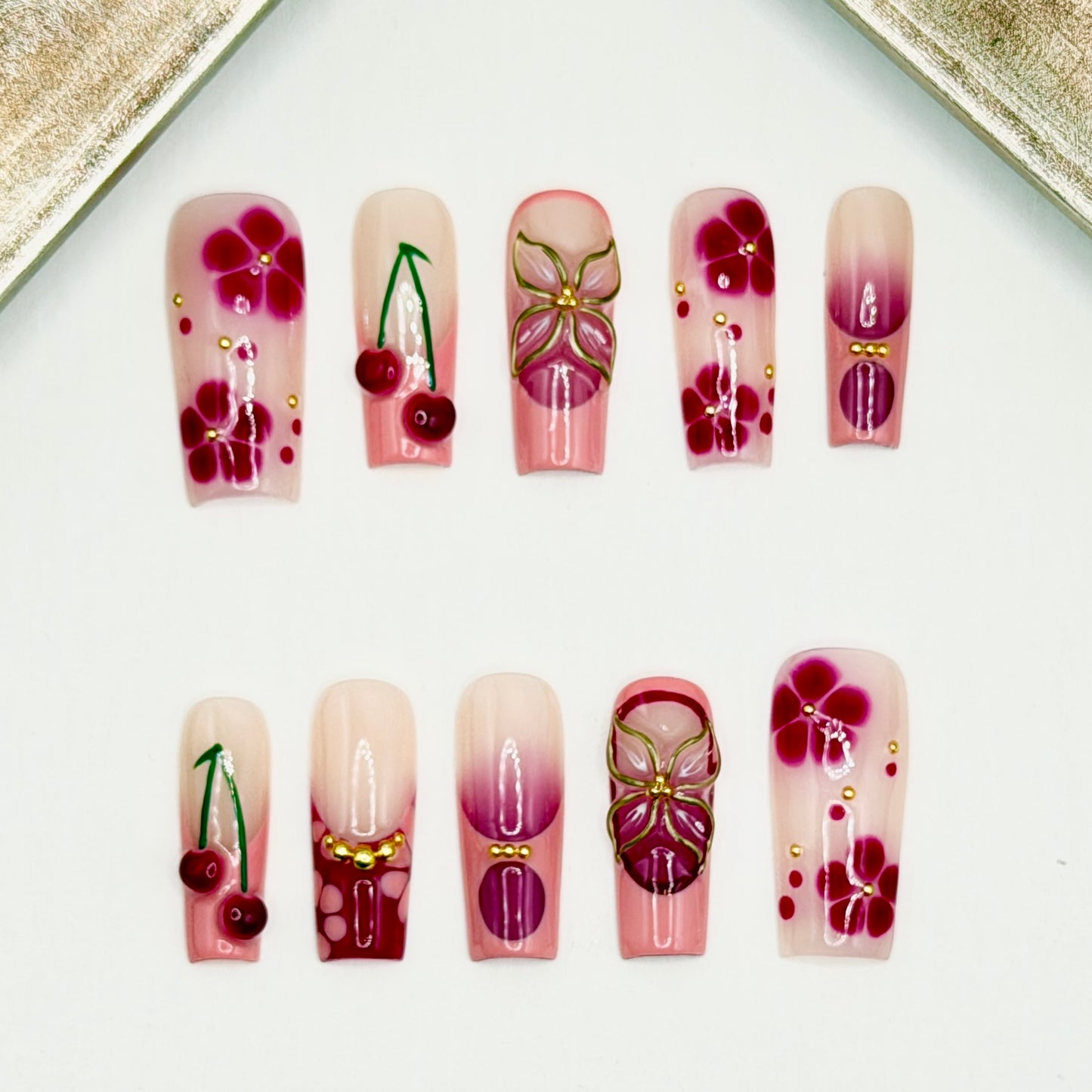 Cherry Blossom Pink & Burgundy 3D Press-On Nails | Floral Cherry Nails