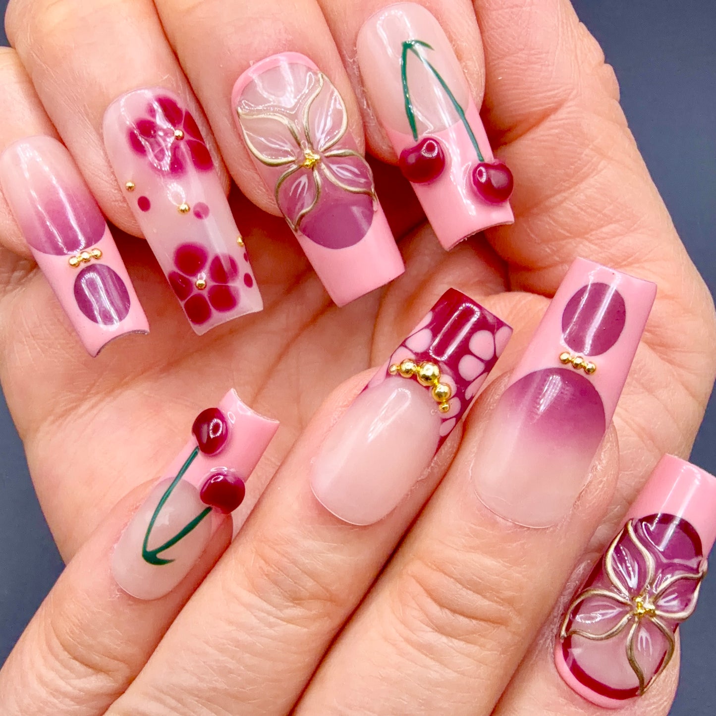 Cherry Blossom Pink & Burgundy 3D Press-On Nails | Floral Cherry Nails