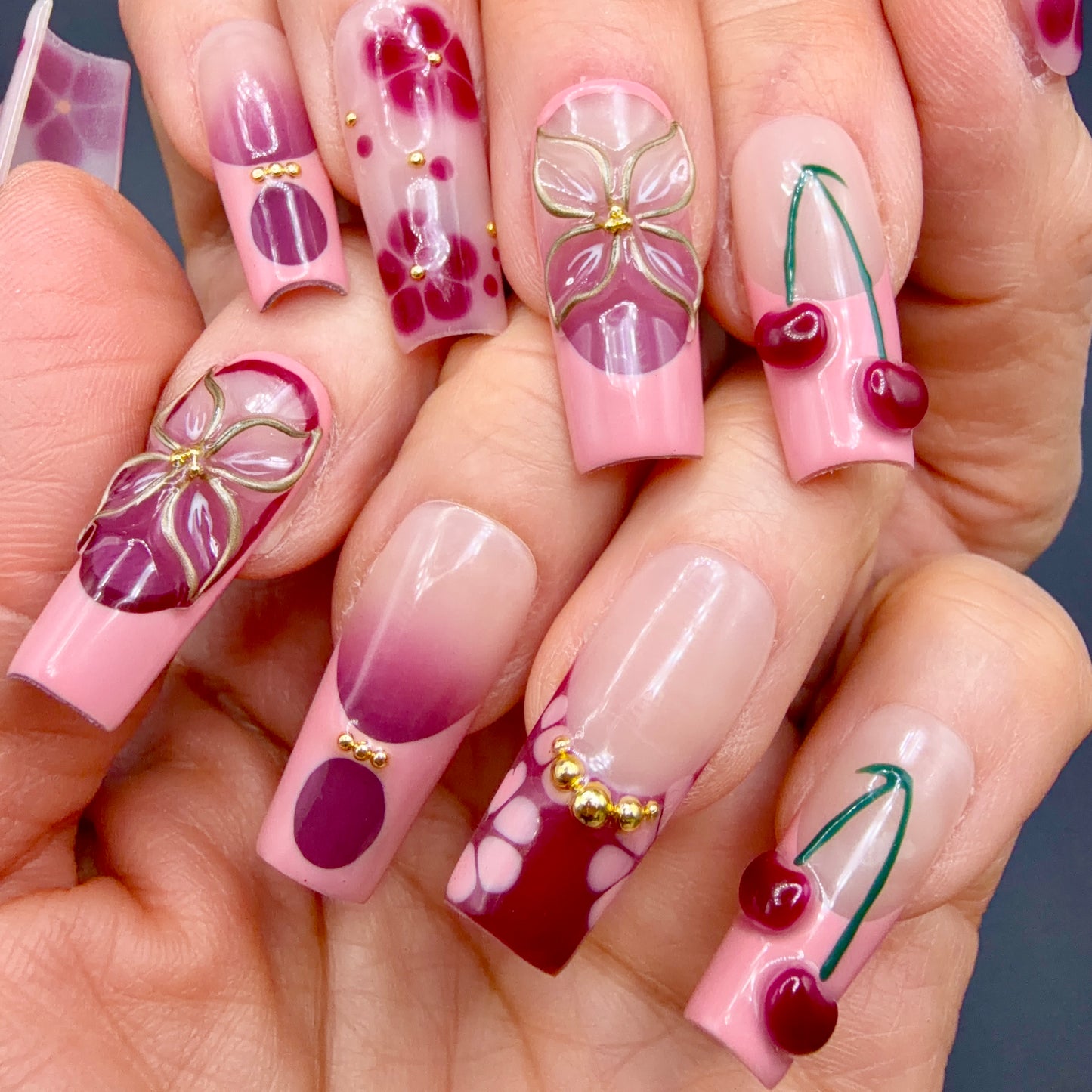 Cherry Blossom Pink & Burgundy 3D Press-On Nails | Floral Cherry Nails