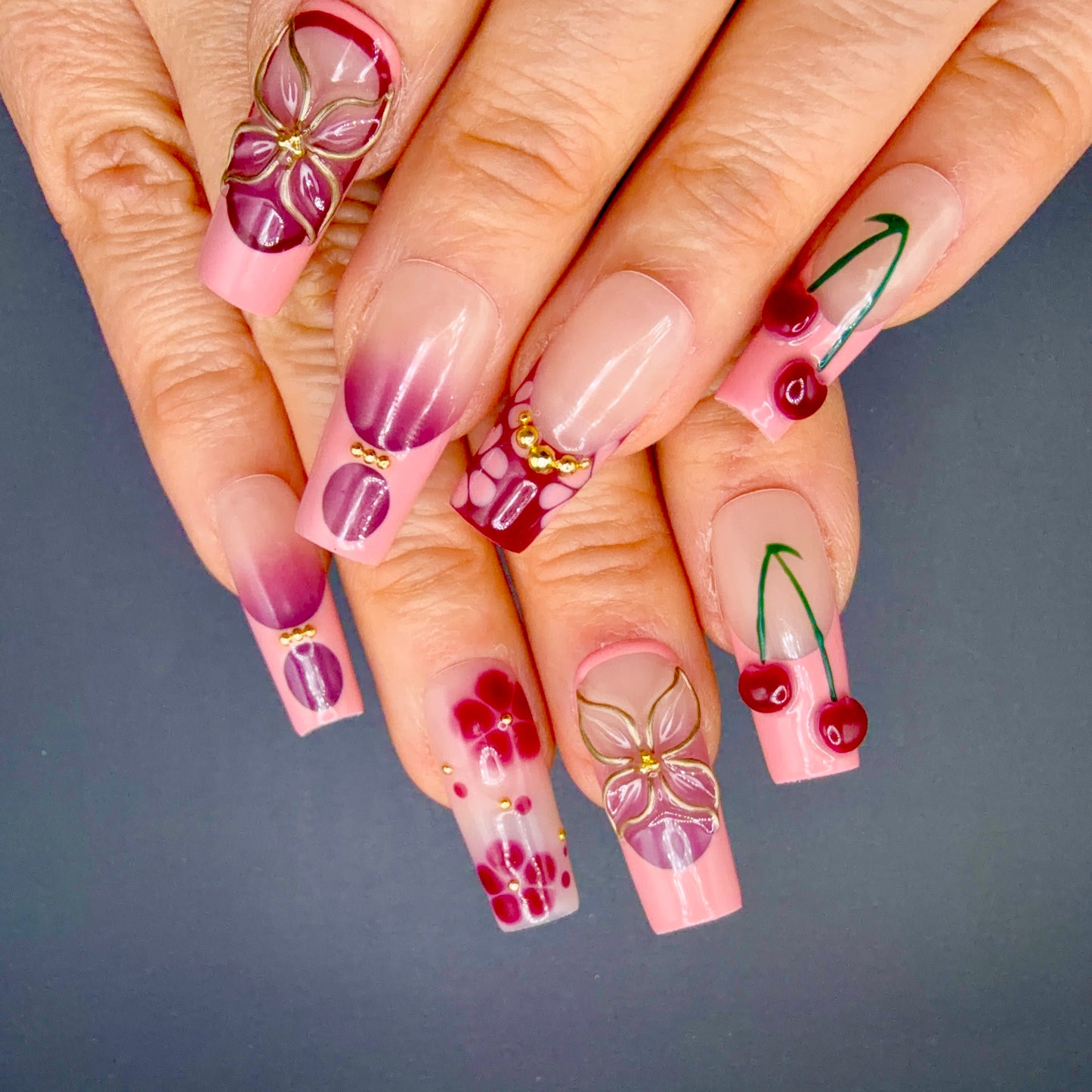Cherry Blossom Pink & Burgundy 3D Press-On Nails | Floral Cherry Nails