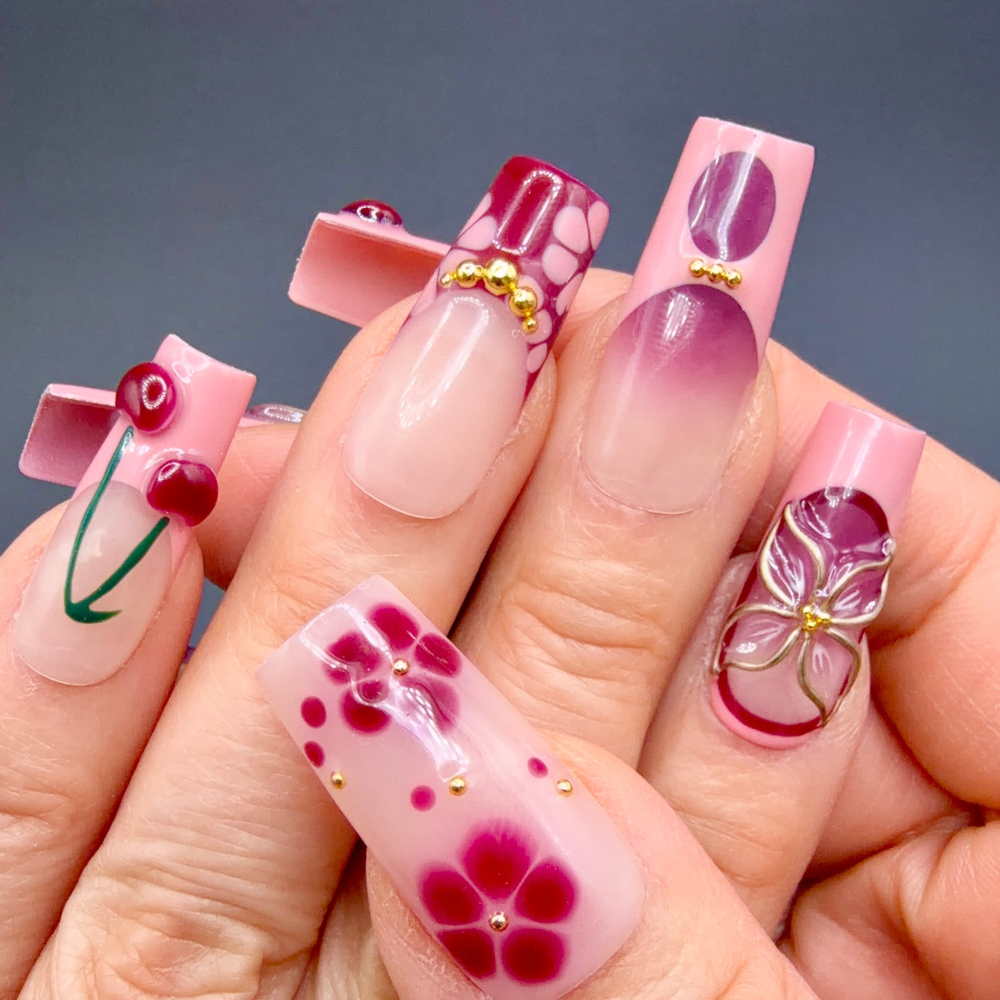 Cherry Blossom Pink & Burgundy 3D Press-On Nails | Floral Cherry Nails