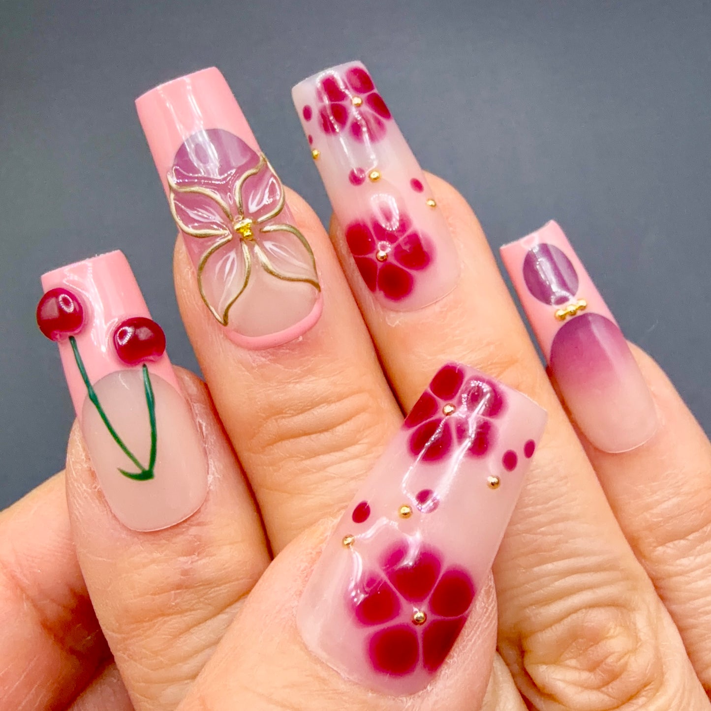 Cherry Blossom Pink & Burgundy 3D Press-On Nails | Floral Cherry Nails